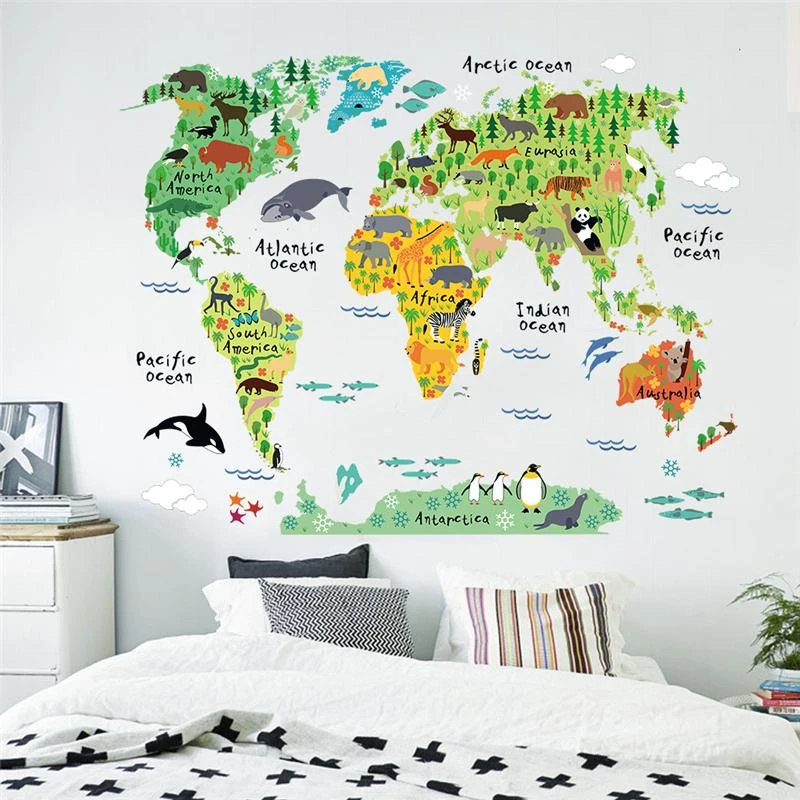 Cartoon World Map Self Adhesive Vinyl Wall Stickers For Children Kids Bedroom 