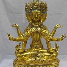 Bi002218 3" Огромный Тибет Бронзовый Свинка Четыре Лица Глава Восемь Рук Руки Кван-инь Статуя Будды