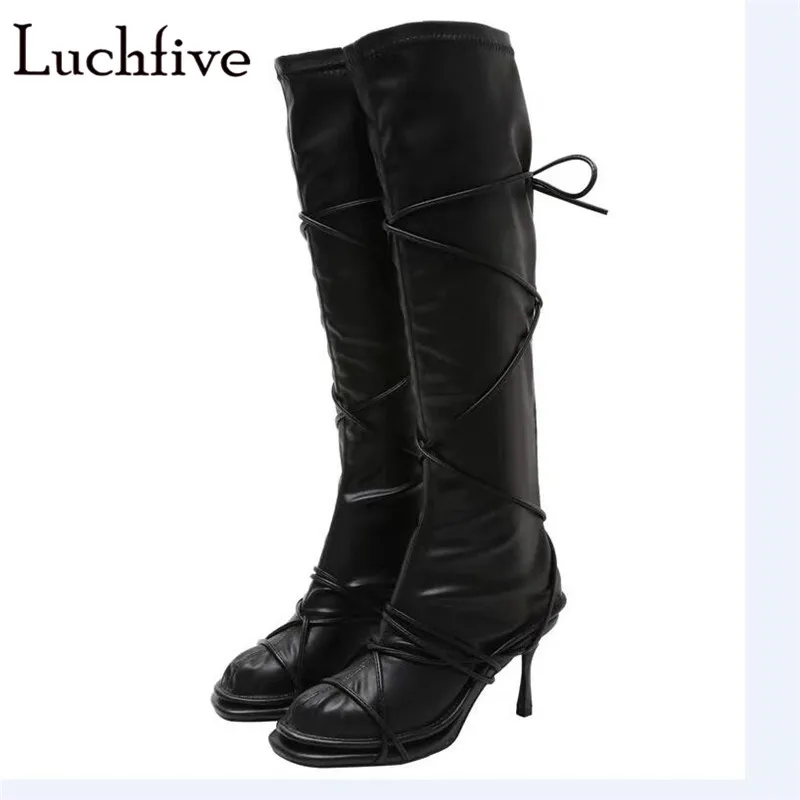 

Hot Lace up thin high heels knee high boots women round toe black knight boots cross-tied outwear sexy winter shoes woman