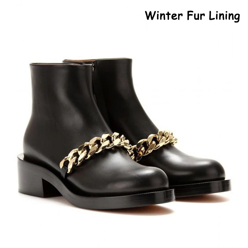 Teahoo/Роскошные дизайнерские женские ботильоны с серебряной и золотой цепочкой; осенние женские ботинки на массивном каблуке - Цвет: Fur Gold Boots
