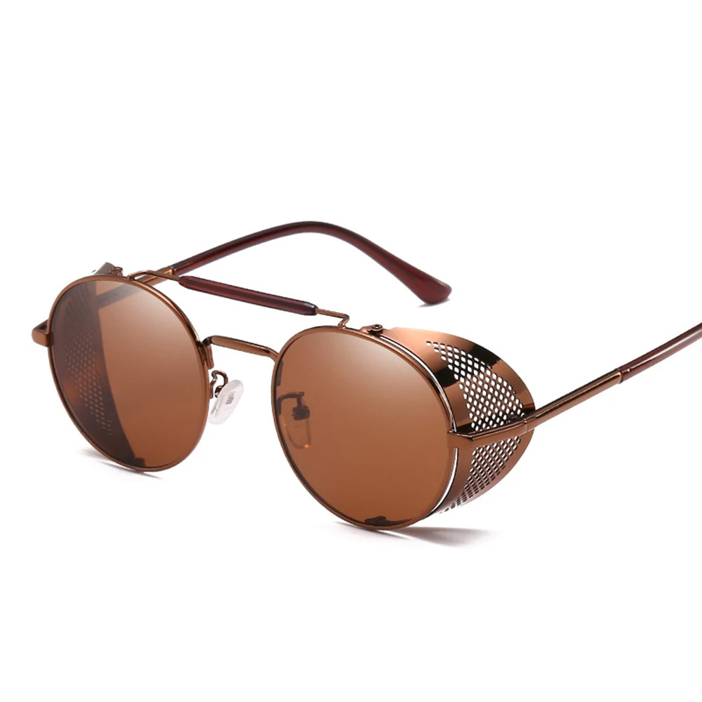 

Retro Steampunk Personalized Windshield Sunglasses Round Design Metal Shields Sung Lasses Men Women UV400 Reflective Frog Mirror