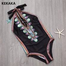 KEKAKA,, Ретро стиль, черный цветочный принт, высокий вырез, Холтер, Цельный купальник для женщин, сексуальный, с глубоким вырезом, цельный, s, купальник