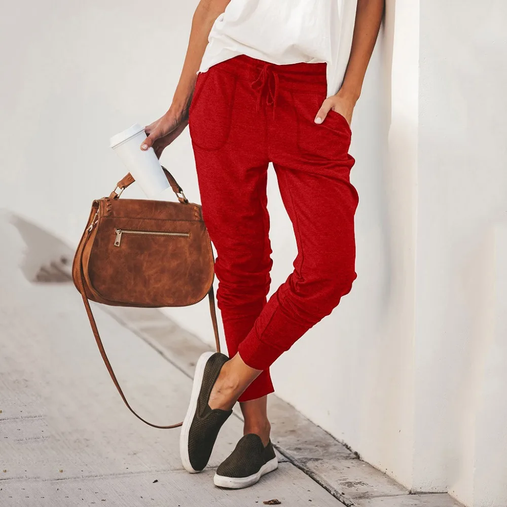 Модные женские осенние повседневные эластичные штаны-шаровары черные серые красные брюки длиной до щиколотки спортивные штаны длинные женские штаны