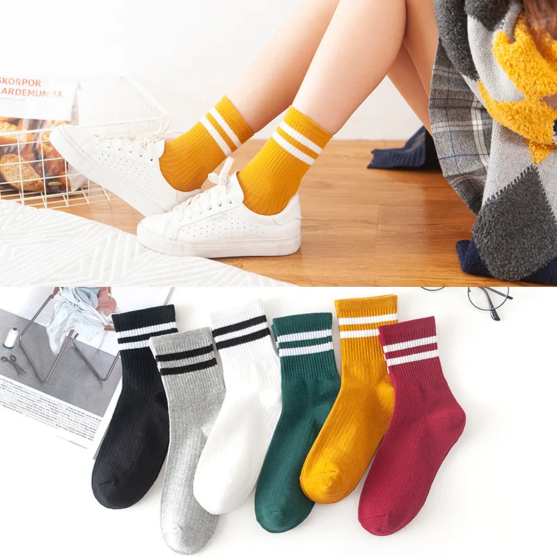 

Ins autumn winter women's cotton socks 3pcs pile of socks two bars sports socks female striped funning socks hot sale