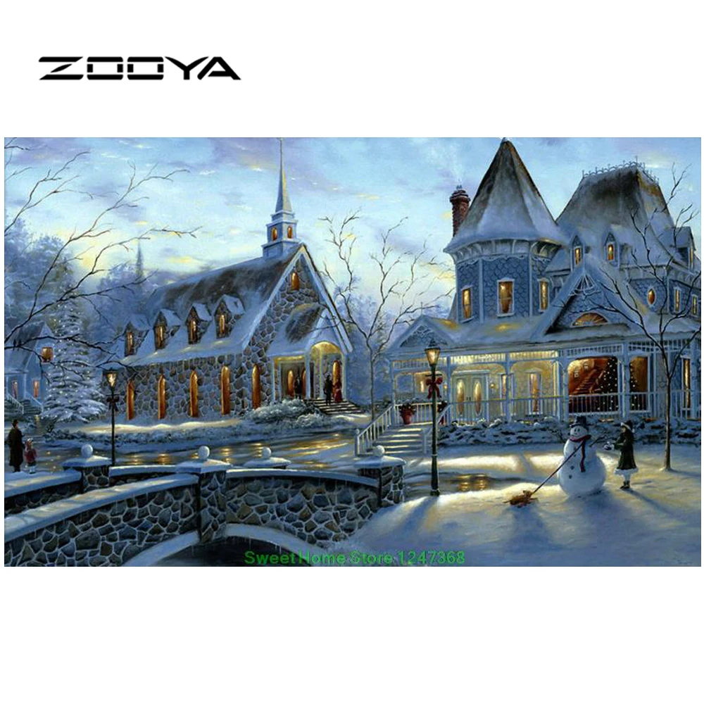 ZOOYA Алмазная картина зимний замок деревенский Рождественский город вышивка
