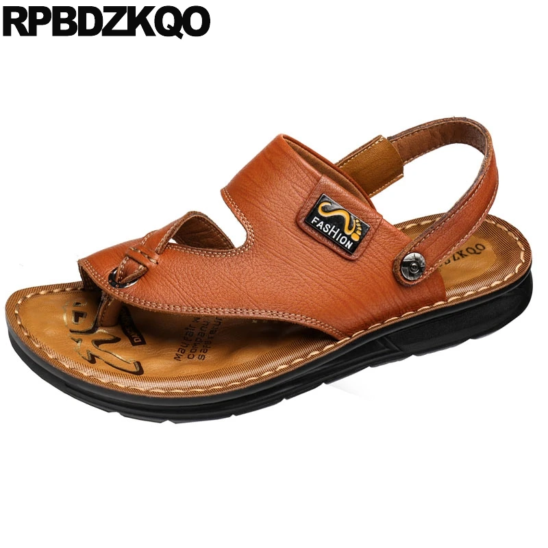 

slides summer outdoor fashion brown beach toe loop leather strap slippers designer shoes men high quality sandals water open