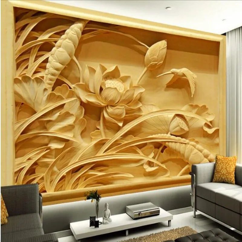 

wellyu Custom large - scale murals high - definition wood carving lotus Chinese fresco TV backdrop non - woven wallpaper