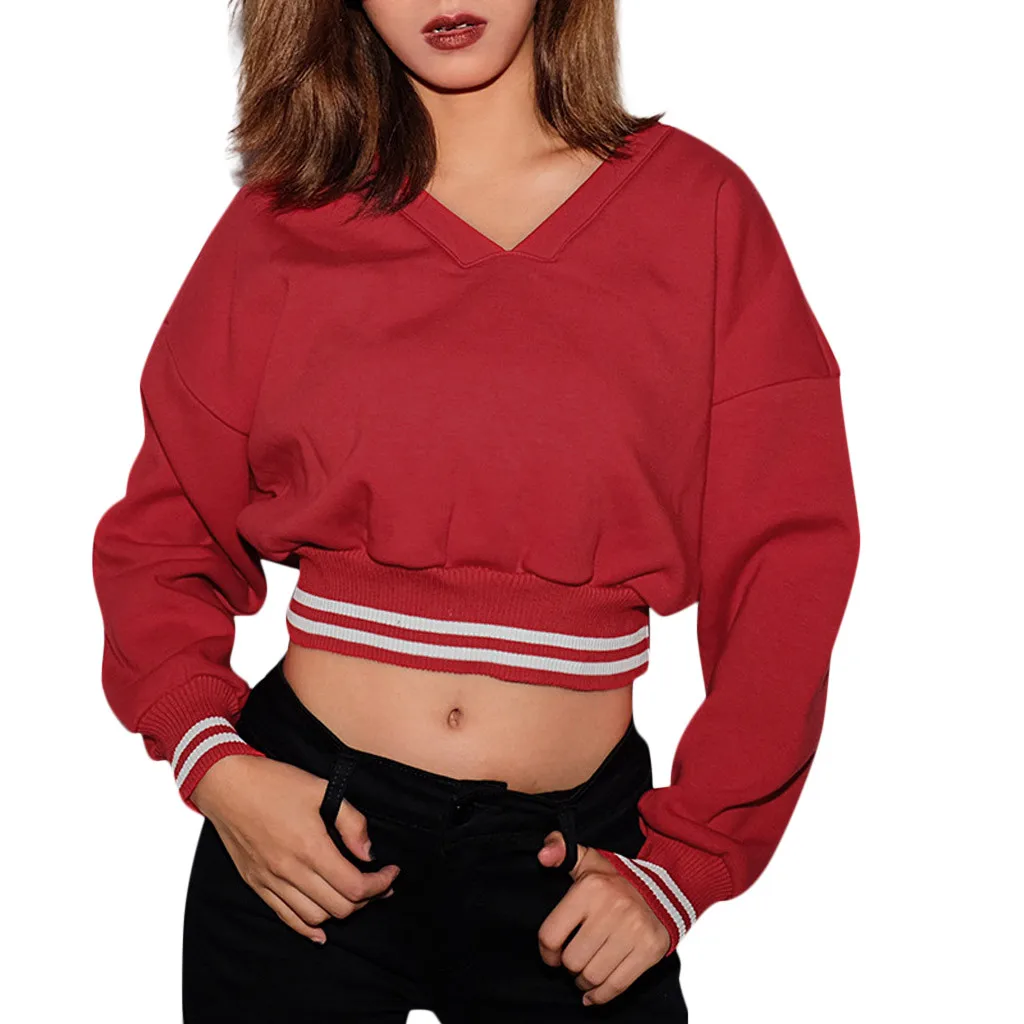 

Women's Sweatshirt Hoodies Soild Short V-neck Pullover Tops Blouse Long Sleeve Red Sweatshirt Sweatshirt #D8