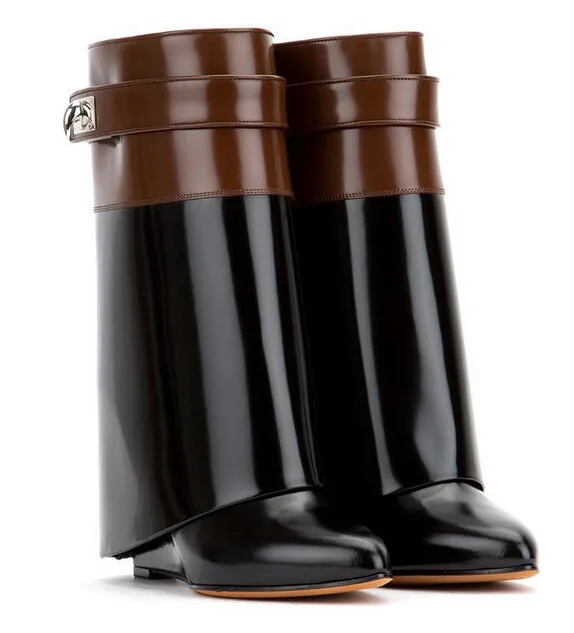 Newest 2017 Designer Two Tone Leather Shark Lock Pant Boots Wedge Heel