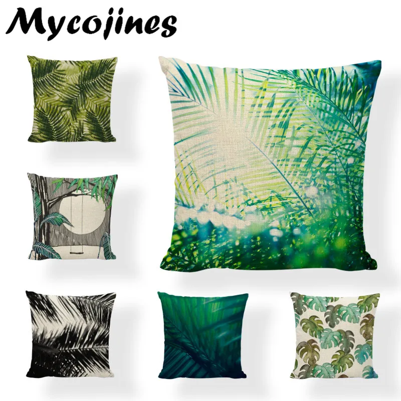 Monstera Cushion Cover Rainforest Plant Green Palm Coconut Tree