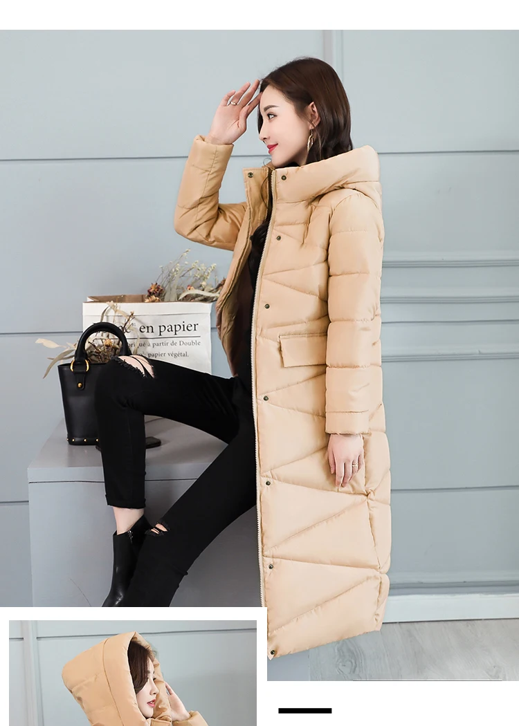 Корейские пальто, женская зимняя верхняя одежда, длинная теплая плотная пуховая парка, Модная приталенная куртка, женская зимняя однотонная куртка с капюшоном, пальто