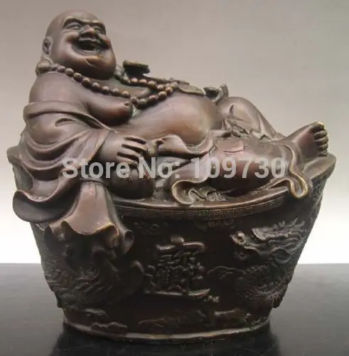 

001870 8" Chinese Bronze Happy Laughing Buddha Dragon Ru Yi Statue