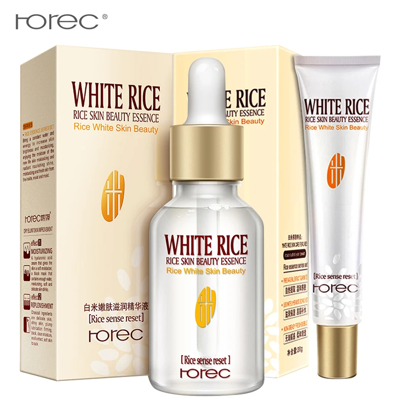

ROREC 2PCS white rice facial serum+eye cream whitening moisturizing essence skin care hydrating anti-aging dark circle removal