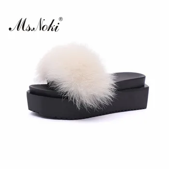 

Ms. Noki fashion platform solid women slides high heel sexy ladies slippers flat with Hairy slippers of summer flip flops A font