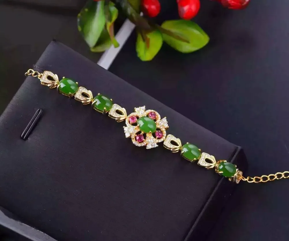 Bracelet en jaspe vert naturel Bracelet en pierres précieuses naturelles 925 bracelet en argent fle