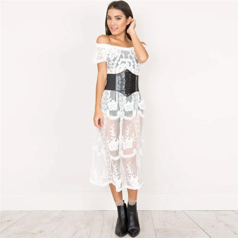 2018 New Women Sexy Off Shoulder Floral Lace Hollow Bikini Cover Up Slash Neck Swimwear Casual Beach Dress Wholesale F#L18 (1)