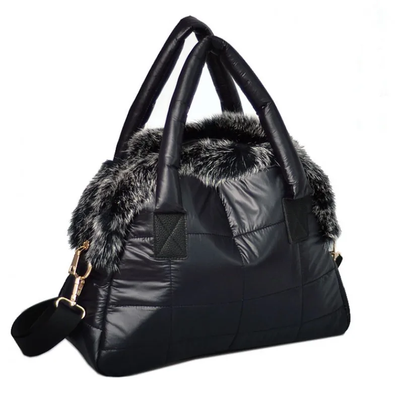 Beste 2018 Nieuwe Handtassen Luxe Designer Vrouwen Konijnenbont Handtassen Nieuwe winter Gewatteerde Zak Zachte Katoenen Ruimte Handtassen Vrouwen Schouder