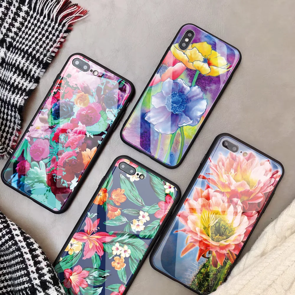 

DIY Glass Phone Case For iphone X 7Plus 6 6s XS Unique Flowers 9H Tempered Glass Phone case for iPhone 8 5S SE Max XR cute case