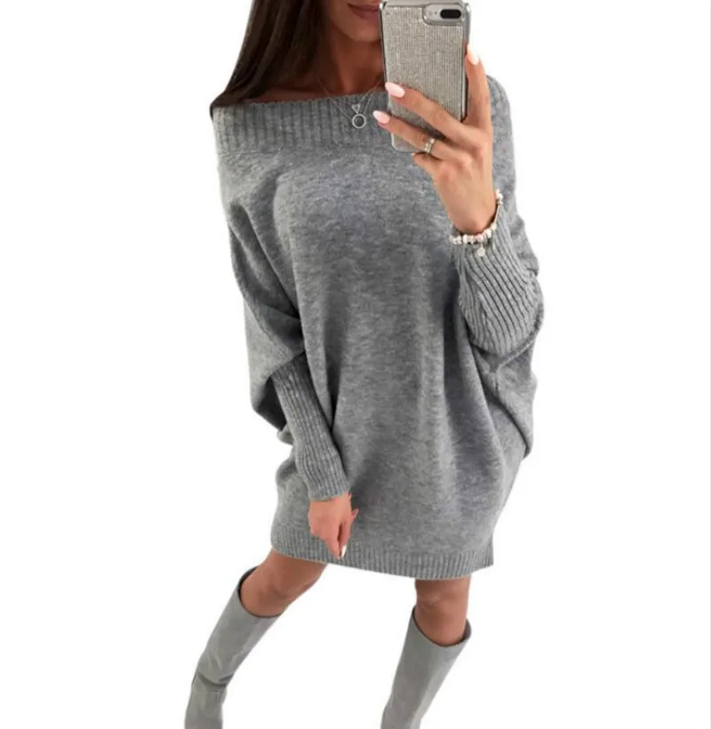 

Sleeve "bat" knitted Dresses-sweaters Novelty winter with long sleeves Slash Neckline Casual woman dress robe spicy Dresses