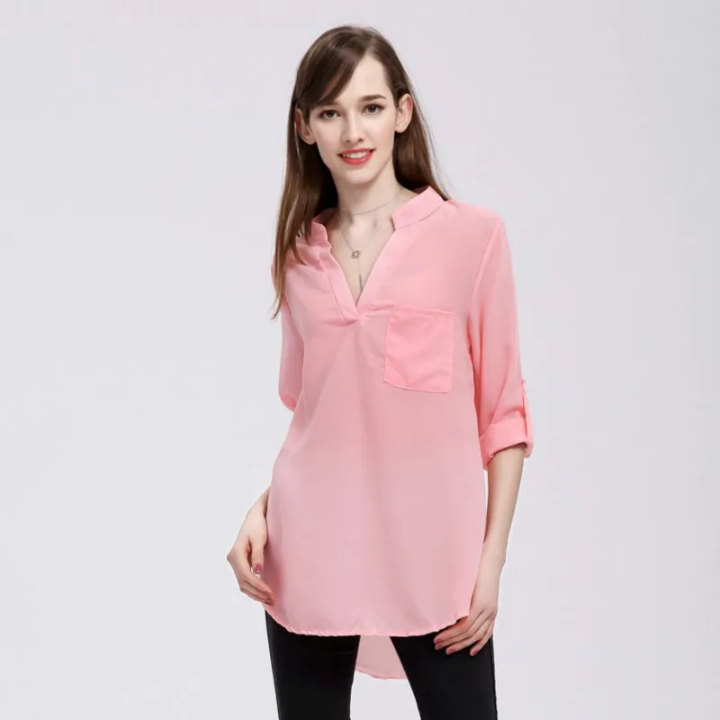 

New 2018 Fashion Spring Summer Shirt Casual V Neck Blouse Long Sleeve Pocket Solid Color Loose Chiffon Blause Plus Size Female