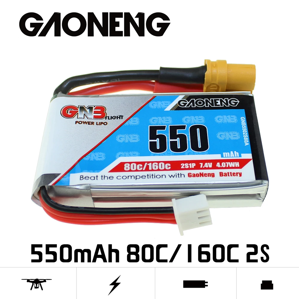 2 шт. Gaoneng 2S 450 мАч 80C/160C Lipo батарея JST XT30 разъем микро самолет мини Квадрокоптер FPV гоночный Дрон батарея для Emax babyhawk