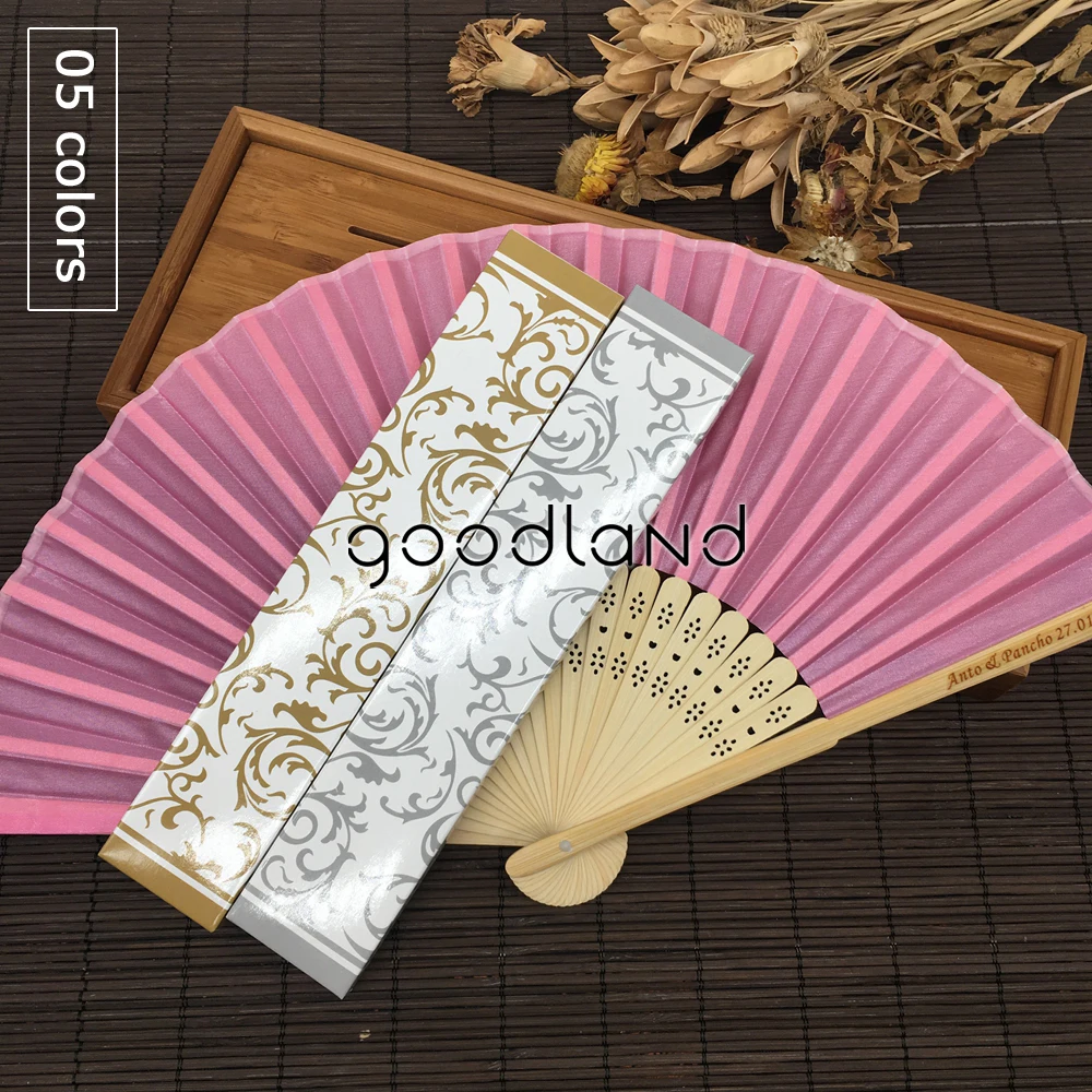  Free Shipping 30pcs Hot Sell Personalized Fabric Folding Held Hand Fan with Gold Silver Gift Box fo - 32804520313