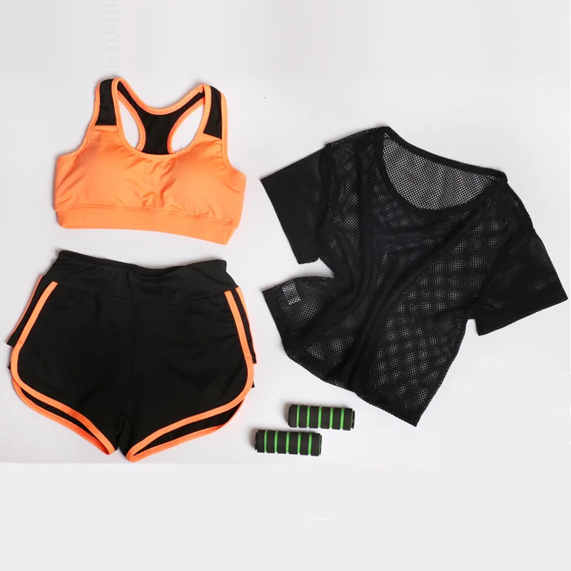 UMLIFE Комплект из трех предметов, женский костюм для йоги, сетчатые футболки+ бюстгальтер для йоги+ спортивные шорты, одежда для занятий фитнесом на открытом воздухе, комплект для занятий йогой