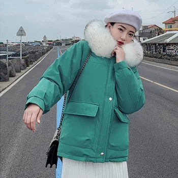 

2019 New student fashion Tooling short jacket Women warm thick fur collar Asymmetrical down cotton hooded jacket cc595