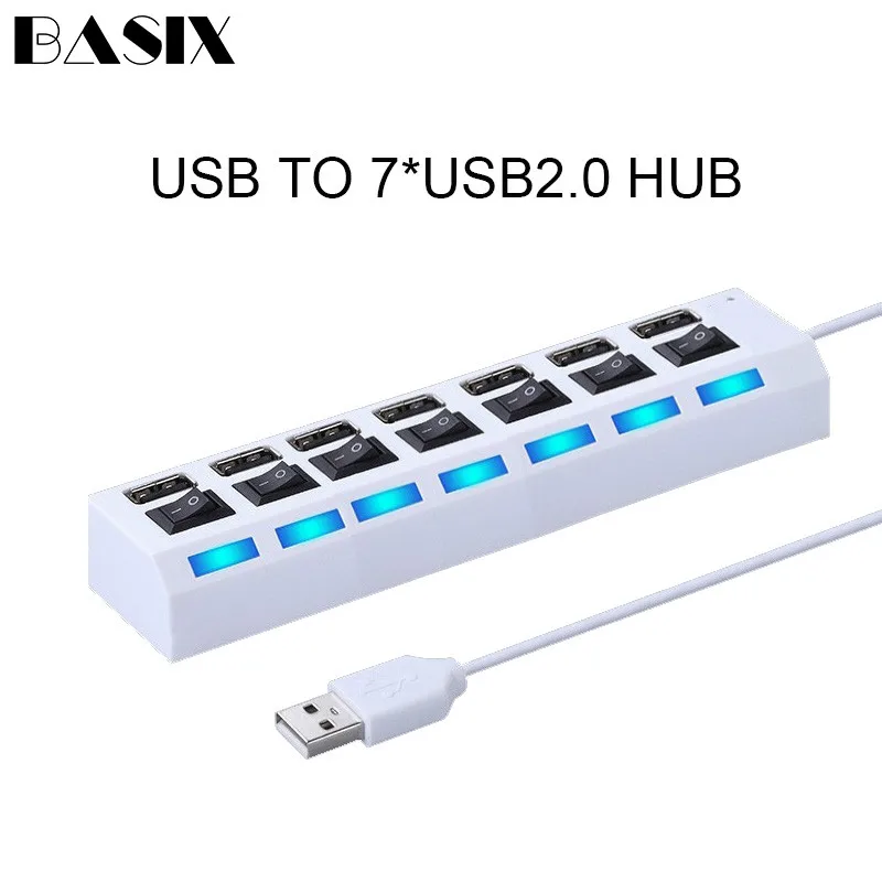 Basix USB концентратор 2,0 Мульти USB порт 4/7 порты концентратор Высокоскоростной usb-порт Hab с переключателем включения/выключения USB разветвитель для ПК Компьютерные аксессуары