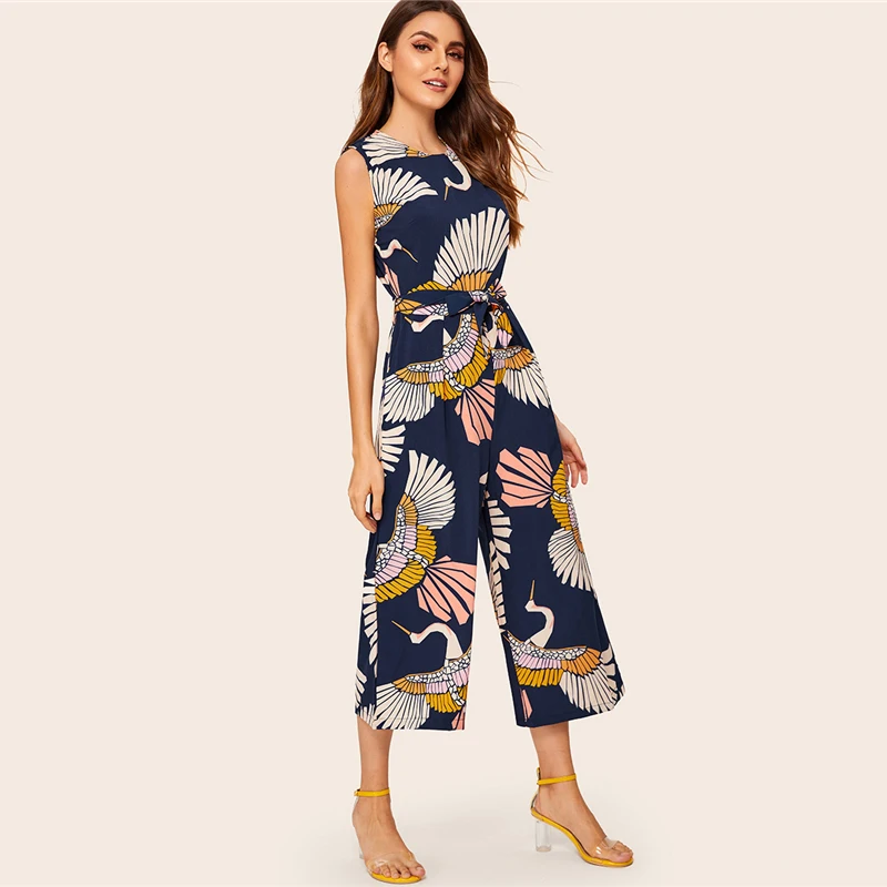 cranes print belted wide leg jumpsuit