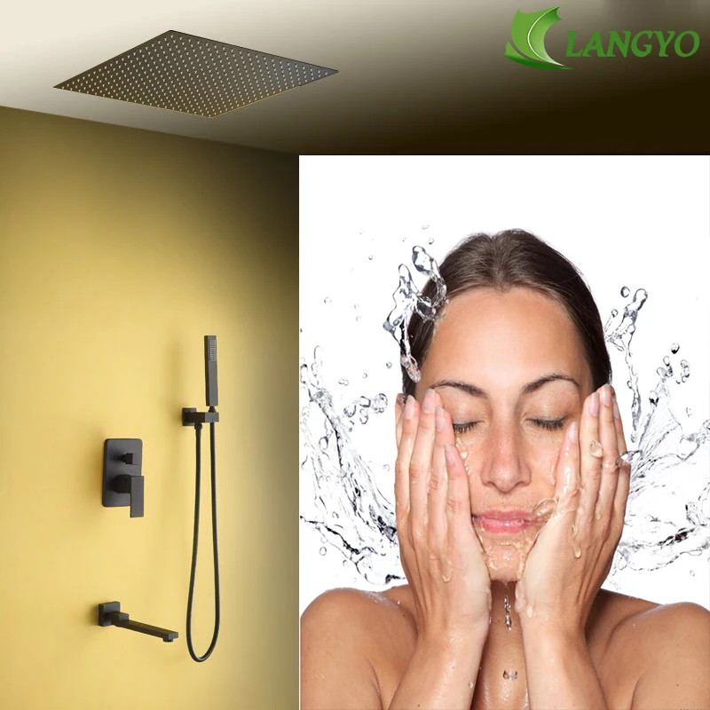 Shower Set Shower Head LANGYO Brass Square Shower Set 16inch Rain Shower Head Faucet Ceiling Arm Diverter Mixer Handheld Bathroom