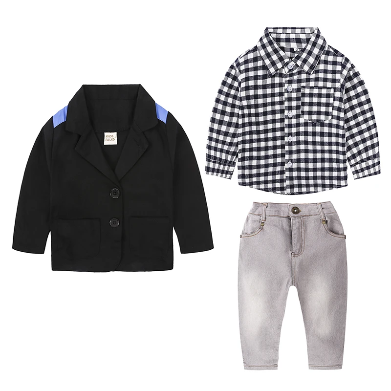Kids Tales spring autumn costume 2-8Y children boy clothing kids gentlemen suit Long sleeve coat+shirt plaid+jeans clothes set