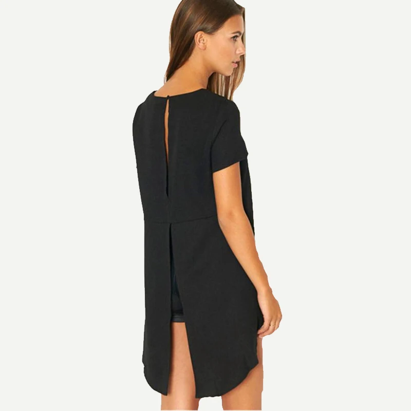 Black Irregular Back Cut Solid Women Blouses Short Sleeve O-neck Black Women Shirts 2019 Spring Casual Fashion Loose Women Tops