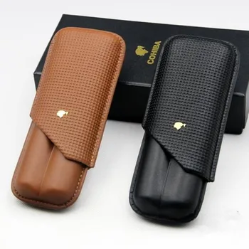 

COHIBA Gadgets Gridding Portable Black/Brown Cigar Case Holder 2 Tubes MIni Humidor with Gift Box