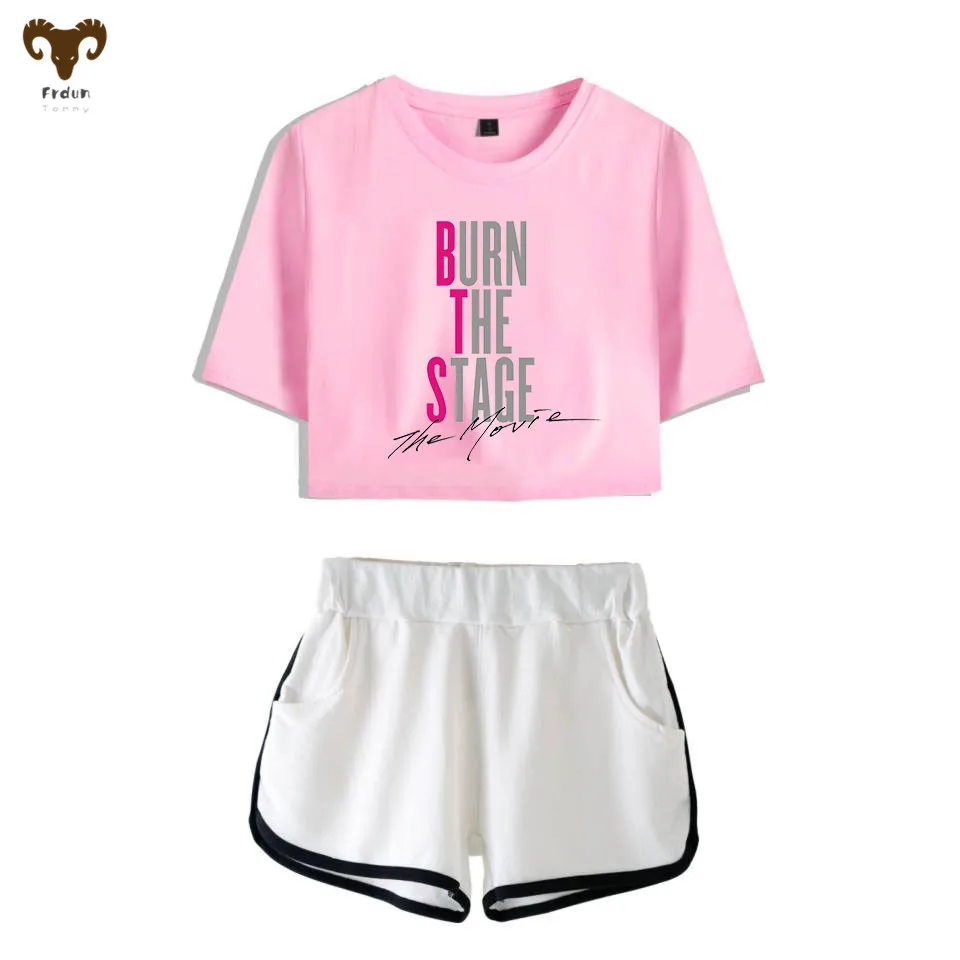 Frdun Tommy 2018 Женский комплект из двух предметов BTS Kpop спортивный костюм женский укороченный топ и шорты сценический костюм для девочек Женская