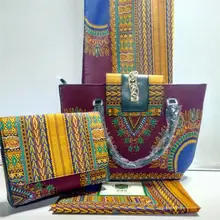 Estilo Bolso de Las Señoras de nigeria Con Set la Tela de Algodón de Verano Mujer Africana Conjunto cera Tela Hecha Bolsa Y Tela de la Cera Para El Partido YY-526
