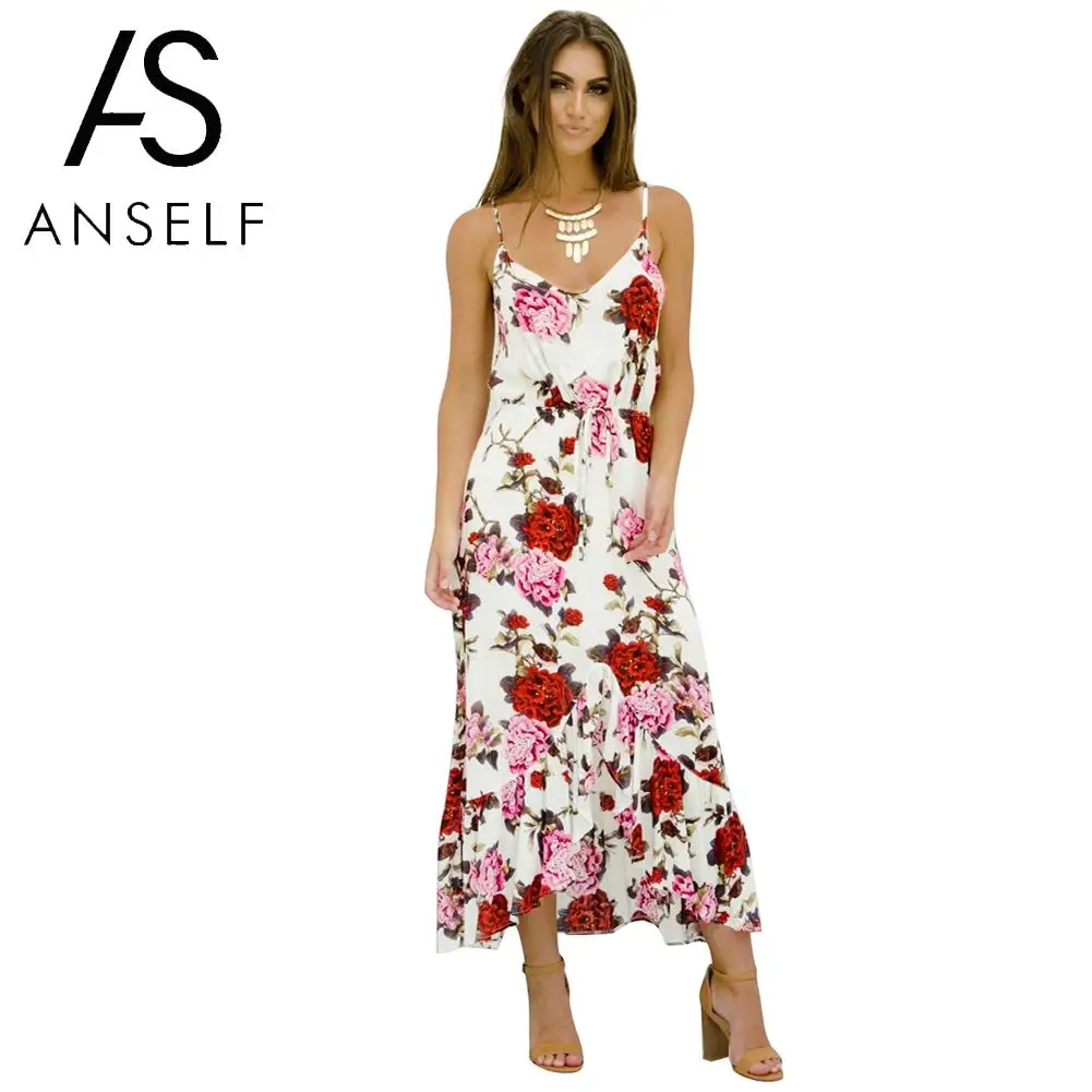 

Anself Women Sexy Slip Dress Floral Print Spaghetti Strap Sleeveless Dress Drawstring Asymmetric Low High Ruffle Maxi Dress 2019