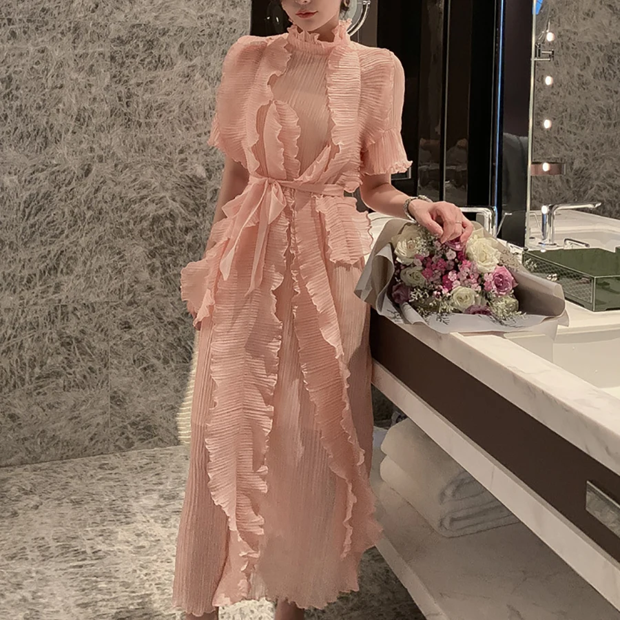

Hot 2019 Summer Solid New Fashion Women Dress Ruffles Drawstring Bow Long Style Elegant Dress High Quality Mermaid Dress