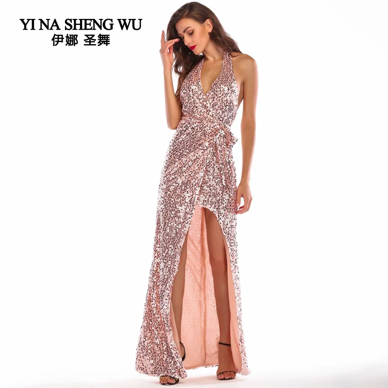 Adult Women Gold Sequin Dress Sexy Party Nightclub long skirt deep V-neck Bright Bodysuit Costume dancewear Ballroom Dresses