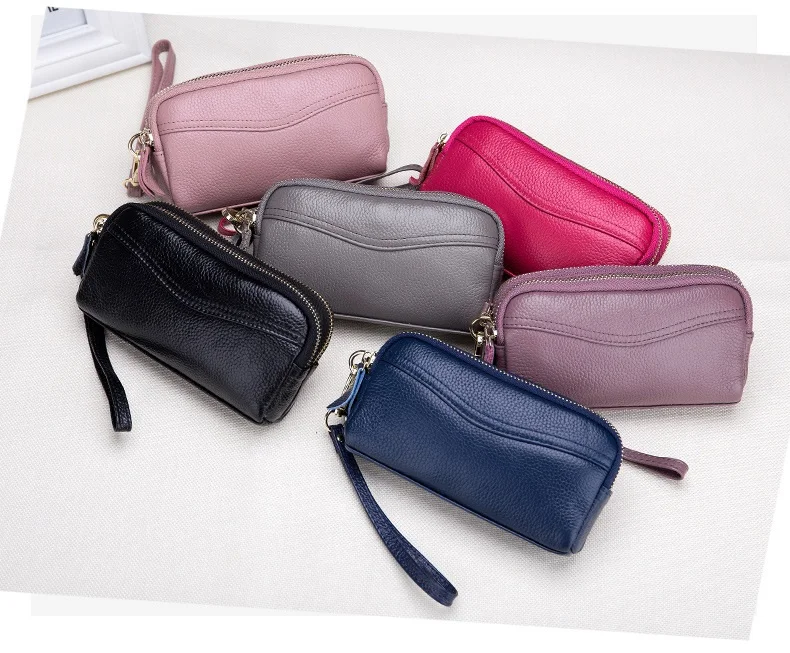 MJ Women Genuine Leather Clutch Bag Double Zipper Solid Cow Leather Day Clutch Small Female Long Wallet Phone Bag High Capacity (7)