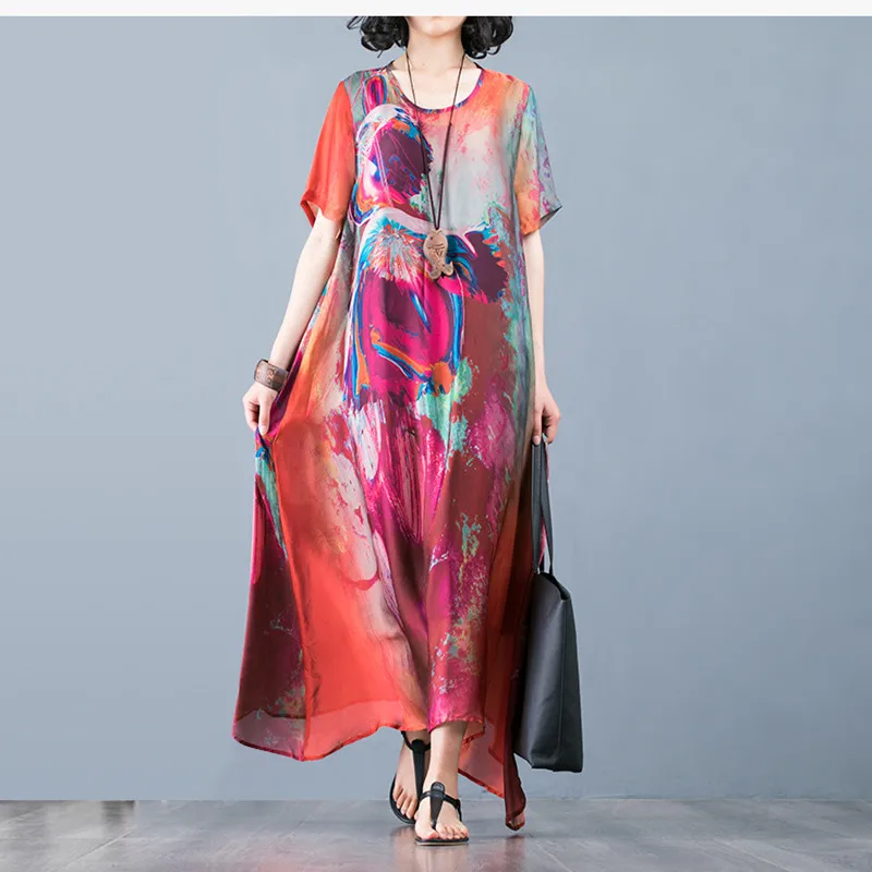 

Summer Brand Quality Silk Dress Plus Size Elegant Flower Printing Loose Dress With Slip Dress Women Short Sleeve Fashion Dress