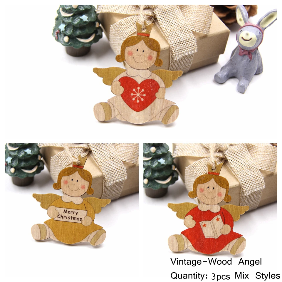 3PCS Lovely Squirrel&Angel Wooden Pendants Ornaments Christmas Wood Craft Kids Toys DIY Christmas Tree Decorations Hanging Gifts - Цвет: 3PCS Mix-V-Angel