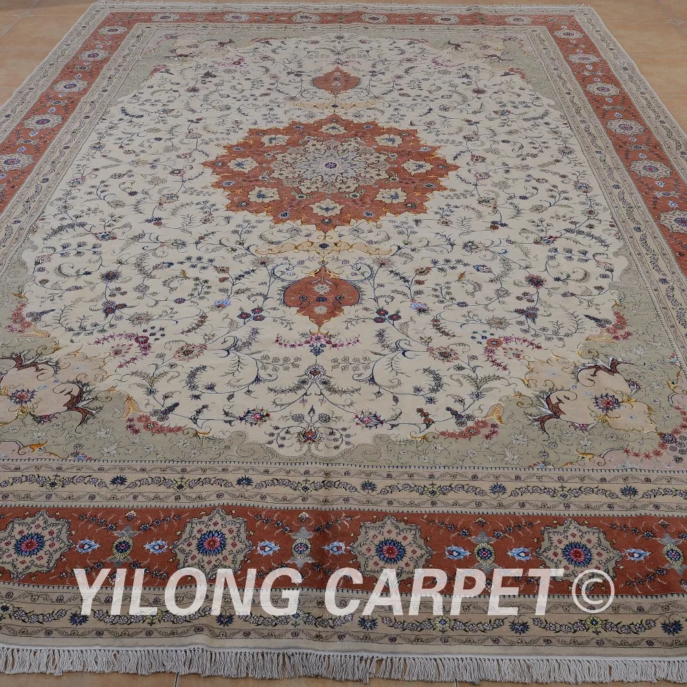 Yilong 11'x15' Персидского шерсть толстый ковер бежевый и розовый цвет изысканный Шерсть Шелк персидский ковер (1511)