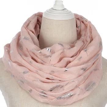 

WINFOX Brand Women Fashion Shiny Bronzing Sliver Feather Infinity Scarf Europe Fashion Long Cotton Ring Female Bandana