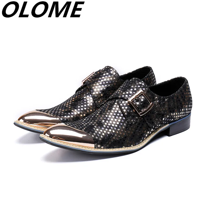 

2019 Zapatos hombre shinny gold hidden heel shoes for men buckle spiked loafers genuine leather sapato social italian shoes men