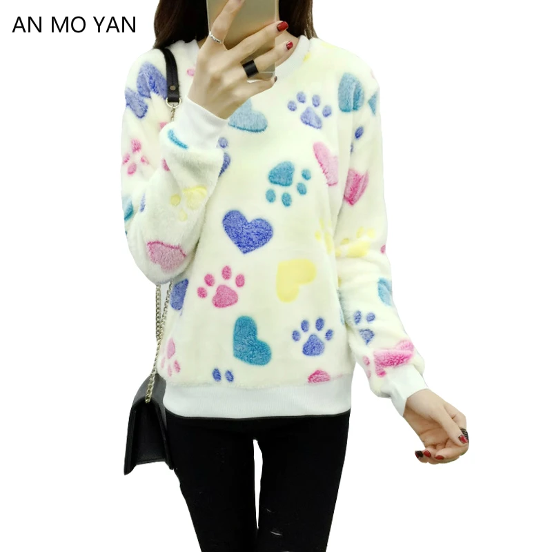 

Color Puppy Foot Print Harajuku Women's Sweater Autumn Winter High Quality Flannel Long Sleeve Pullover AN MO YAN New Clothing