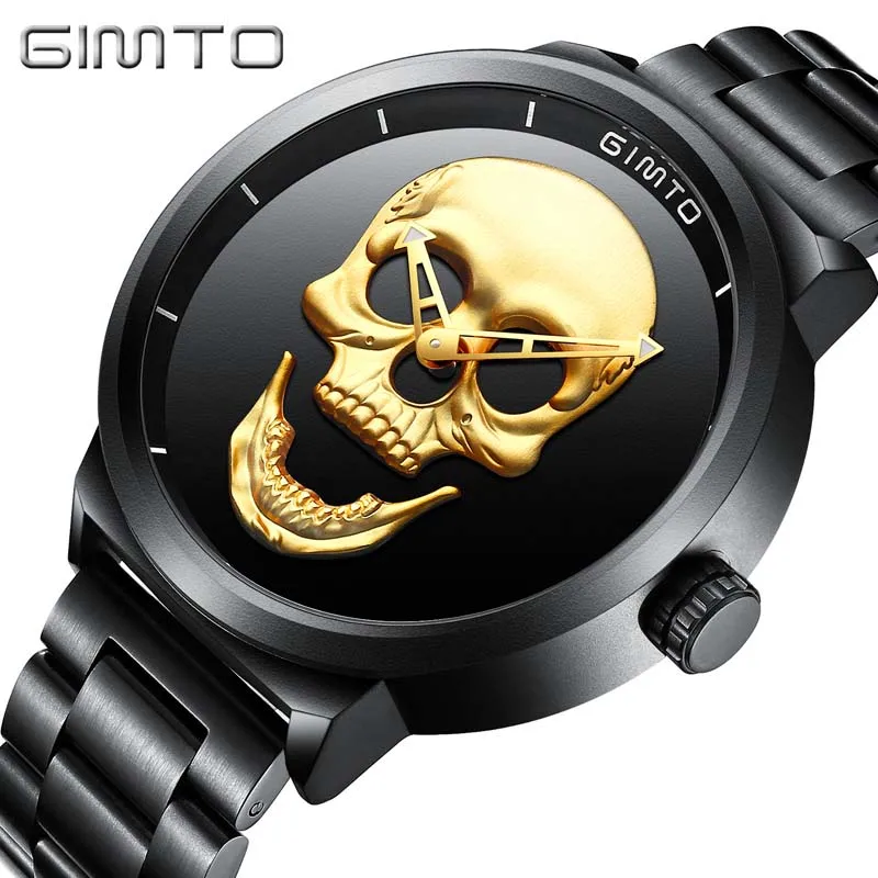

Watch GIMTO Male Unique Design Skull Watches Men Luxury Brand Sports Quartz Military Steel Wrist Watch Men relogio masculino