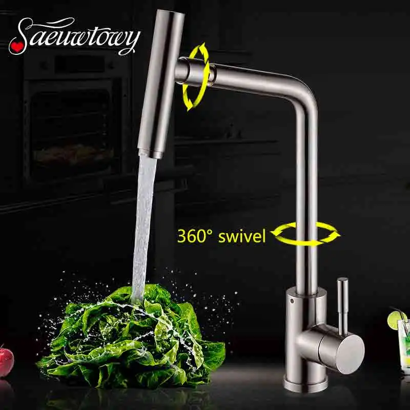 

Saeuwtowy Brushed Nickel Kitchen Faucet Hot and Cold Mixer Tap Deck Mounted Stainless Steel Material