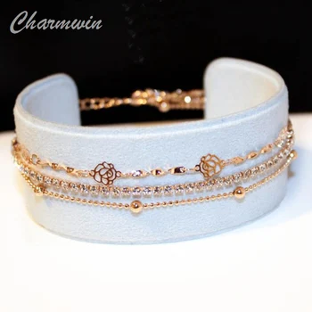 

Charmwin Fashion 3 Layers Full Rhinestone flower Bracelets Women Rose Gold Color Jewelry Camellia Charm Bracelets & Bangles S096
