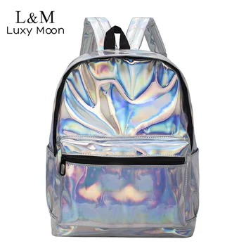 

Fashion Students Women Silver Hologram Backpack Laser Bag For Teenage Girls Leather Holographic School Bags sac a dos XA1097H